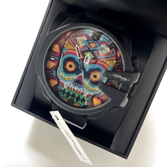ED HARDY Oversized Skull Beaded Dial Wristwatch Color Black Silicone Strap Watch - Picture 4 of 8